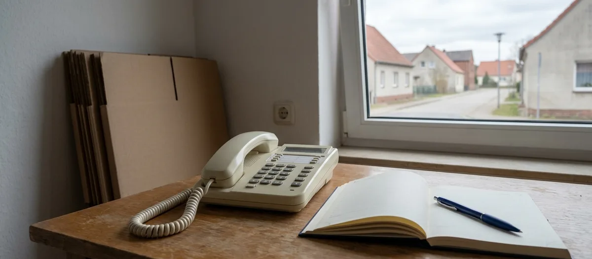 Schreibtisch mit Telefon, Terminkalender und einem Stapel gefalteter Umzugskartons im Hintergrund