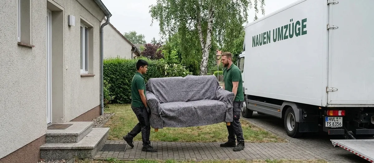 Zwei Umzugshelfer tragen ein in Decken eingeschlagenes Sofa aus einem Hauseingang zum wartenden Transporter
