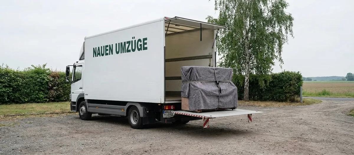 Umzugswagen mit heruntergelassener Ladebordwand, auf der ein in Decken verpacktes Möbelstück steht