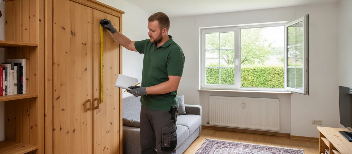 Umzugshelfer misst mit dem Maßband einen Kleiderschrank aus und notiert das Volumen beim kostenlosen Aufmaß