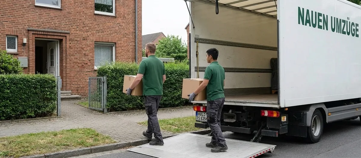 Zwei Umzugshelfer tragen Kartons von einem beladenen Umzugswagen zur geöffneten Haustür eines Wohnhauses