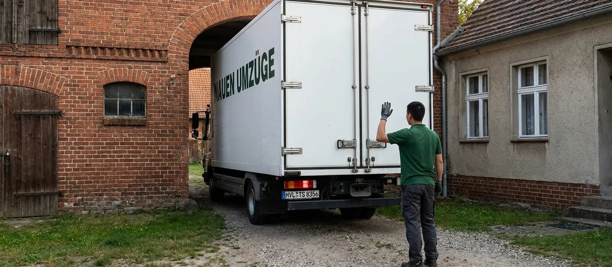 Umzugswagen steht rückwärts an einer schmalen Hofeinfahrt, ein Träger weist ein