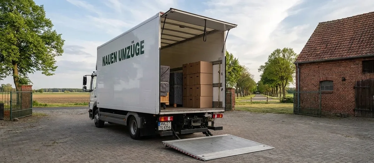 Umzugswagen auf einem Hof, im Hintergrund die geöffnete Ladefläche mit gestapelten Umzugskartons